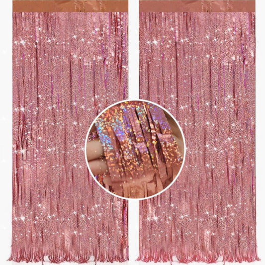 2 Pack 3.3ft x 10ft Sparkly Rose Gold Tinsel Curtains Party Backdrop Decoration Metallic Foil Fringe Backdrop Door Birthday Graduation Wedding Party Streamer Photo Background
