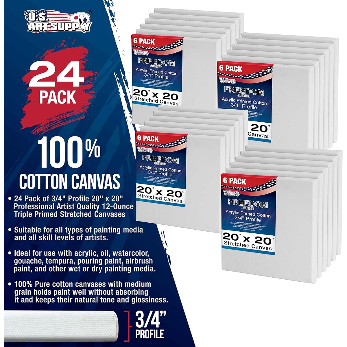 US Art Supply 20" x 20" Professional Quality Acid Free Stretched Canvas 6 Pack 3/4 Profile 12oz Prime Gesso - (Full Case of 6 Single Canvases) Pack of 24 SC20X20-24PK