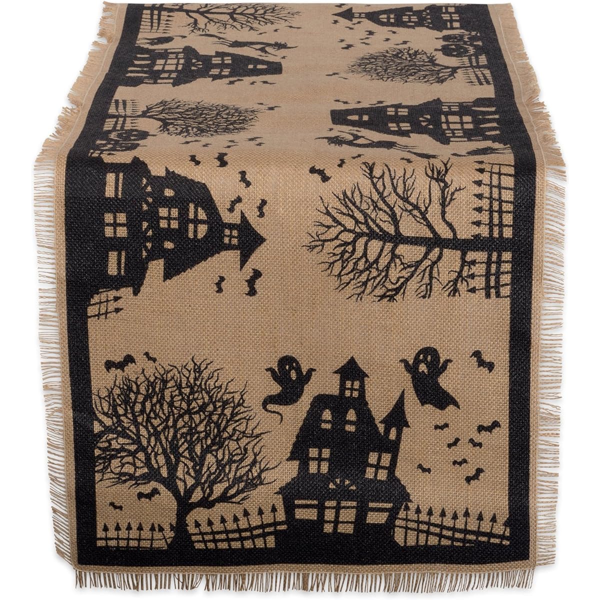 DII Halloween Primitive Style Burlap Tabletop Decor Spooky Haunted House Jute Table Runner 14x74 Inch Black & Tan