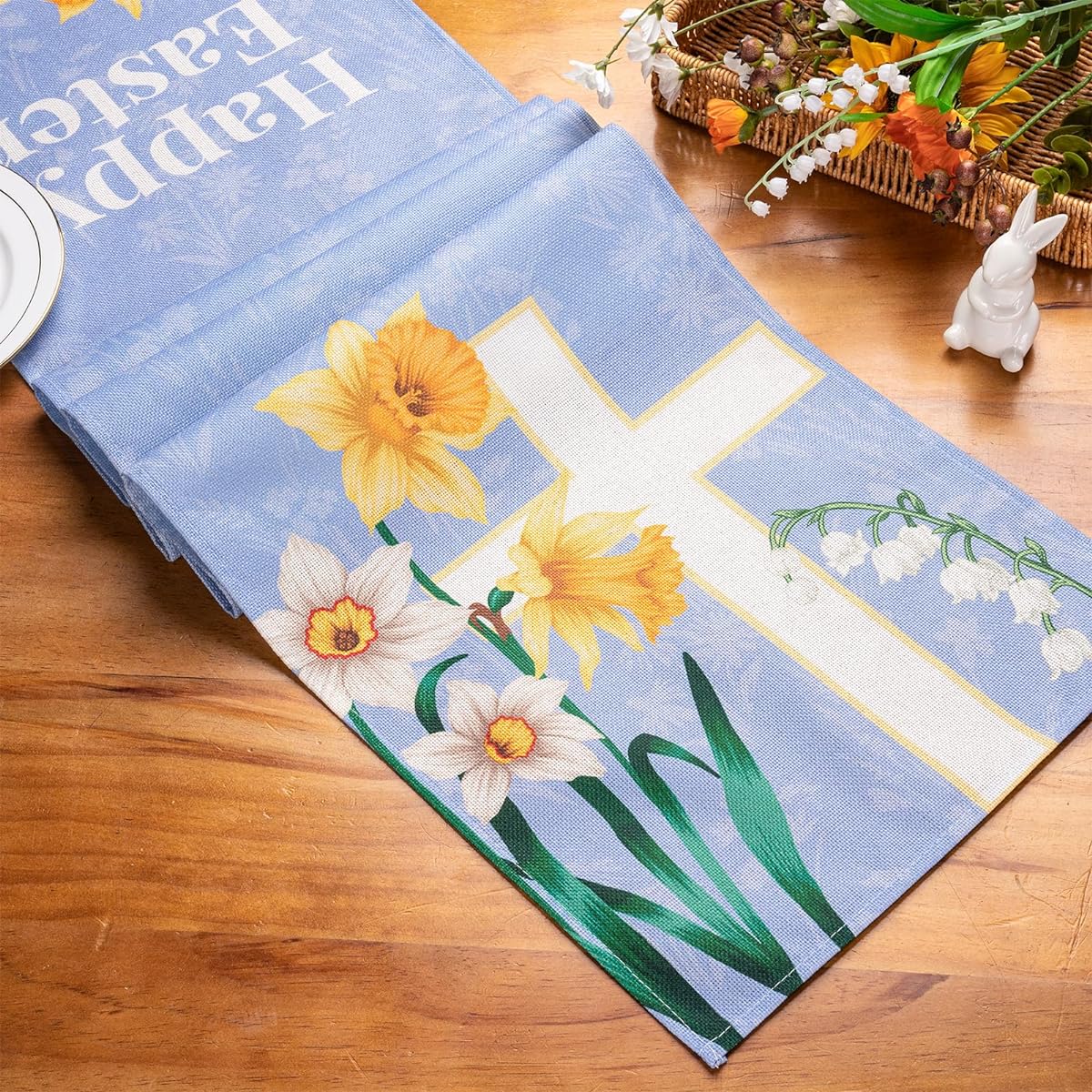 RUSPEPA Table Runner Cloth and Flower Linen Table Runner for Easter Kitchen Dining Decor Party Table 13 x 72 Inch Easter Cloth