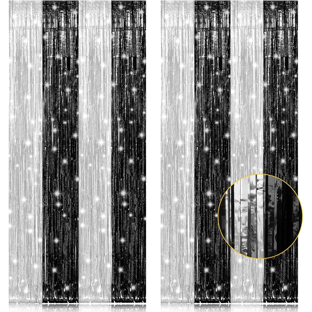 PIGETALE Set of 2 3.3 x 8.5 ft Black and Silver Foil Fringe Curtains Party Decorations Glitter Tinsel Curtains for Photo Backdrop Birthday Wedding Graduation Stream