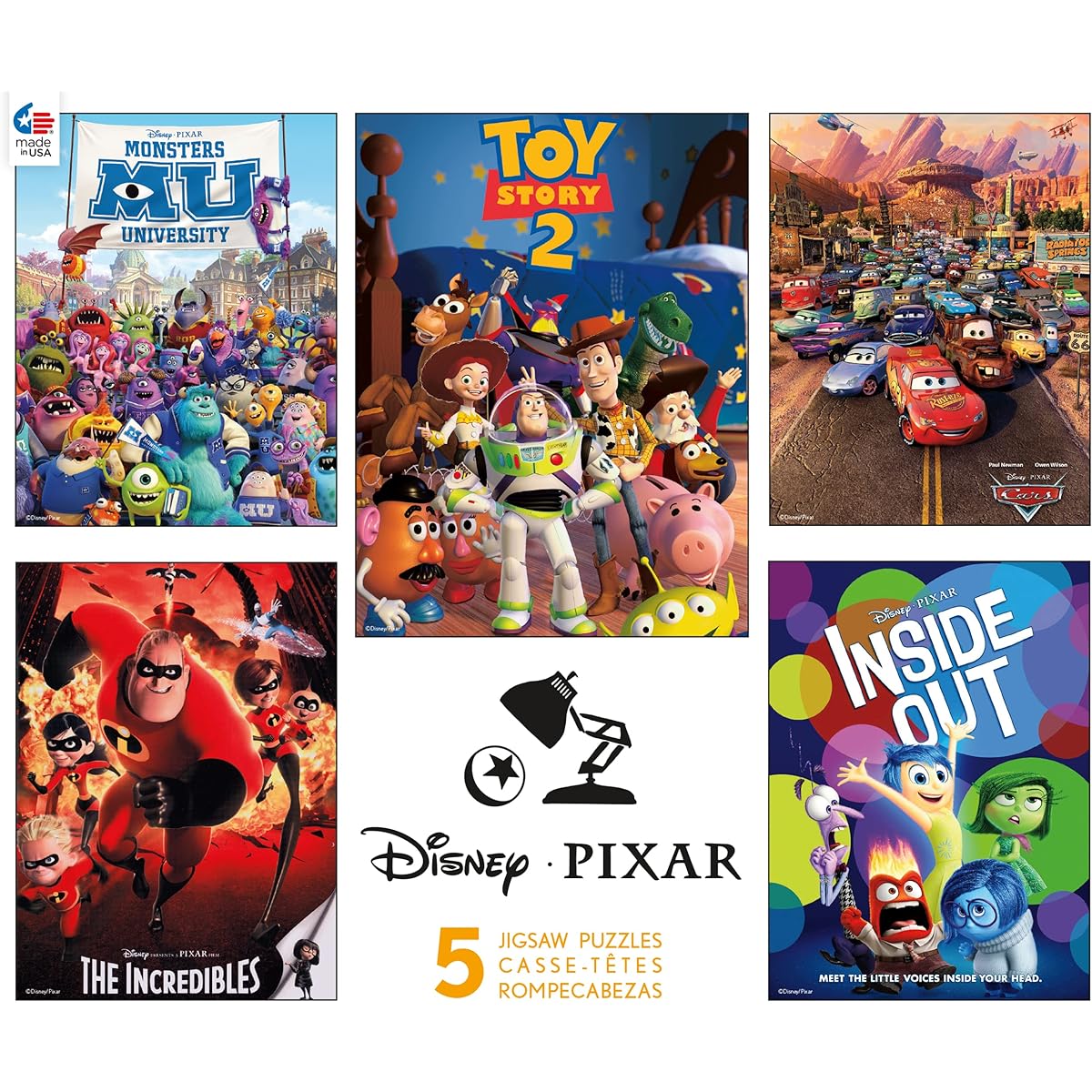 Ceaco - Disney/Pixar 5-in-1 Multipack Jigsaw Puzzle Set Monsters University (MU Incredibles Toy Story 2 Cars Inside Out