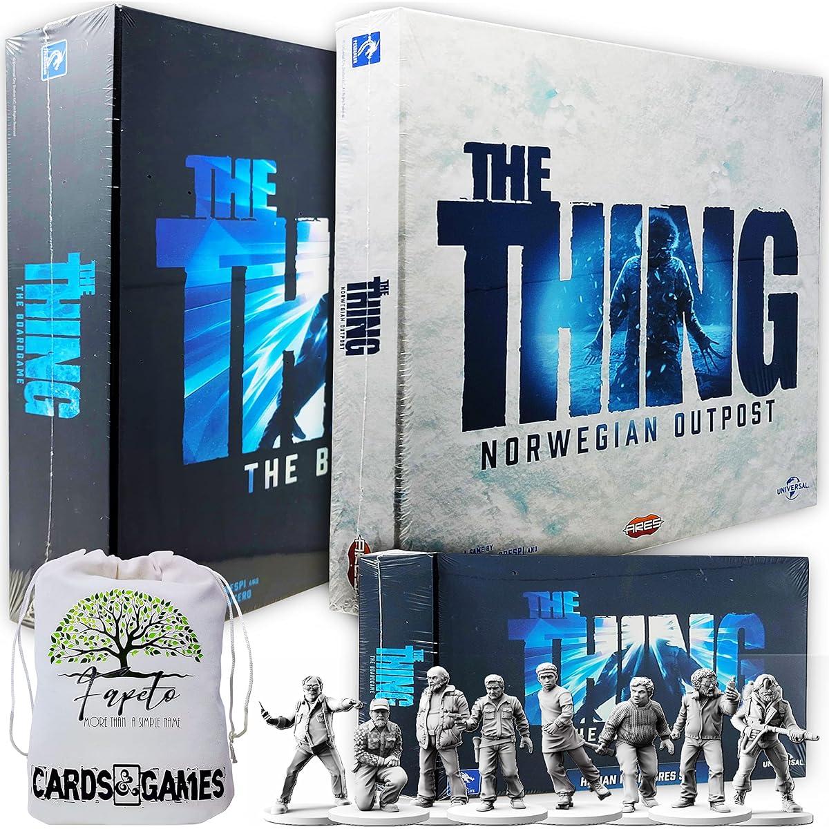 The Thing: The Board Game Base Plus Norwegian Outpost Expansion and Human Miniature Set Includes Random Color Drawstring Bag
