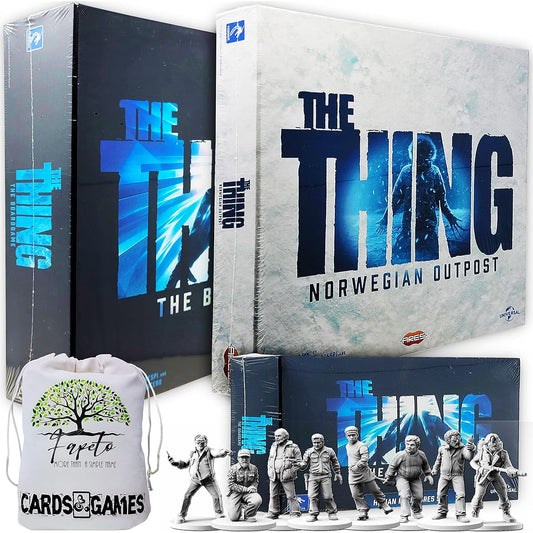 The Thing: The Board Game Base Plus Norwegian Outpost Expansion and Human Miniature Set Includes Random Color Drawstring Bag