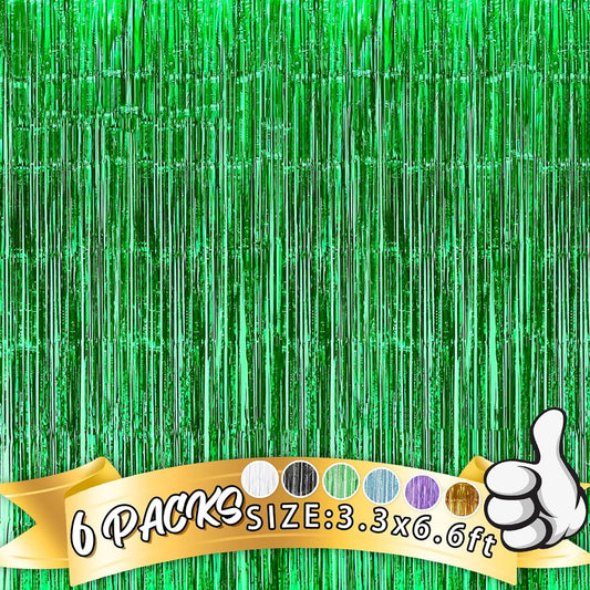 6 Pack Green Foil Fringe Curtains 3.3 x 6.6ft Streamer Backdrop Dinosaur Theme Party Birthday Decorations