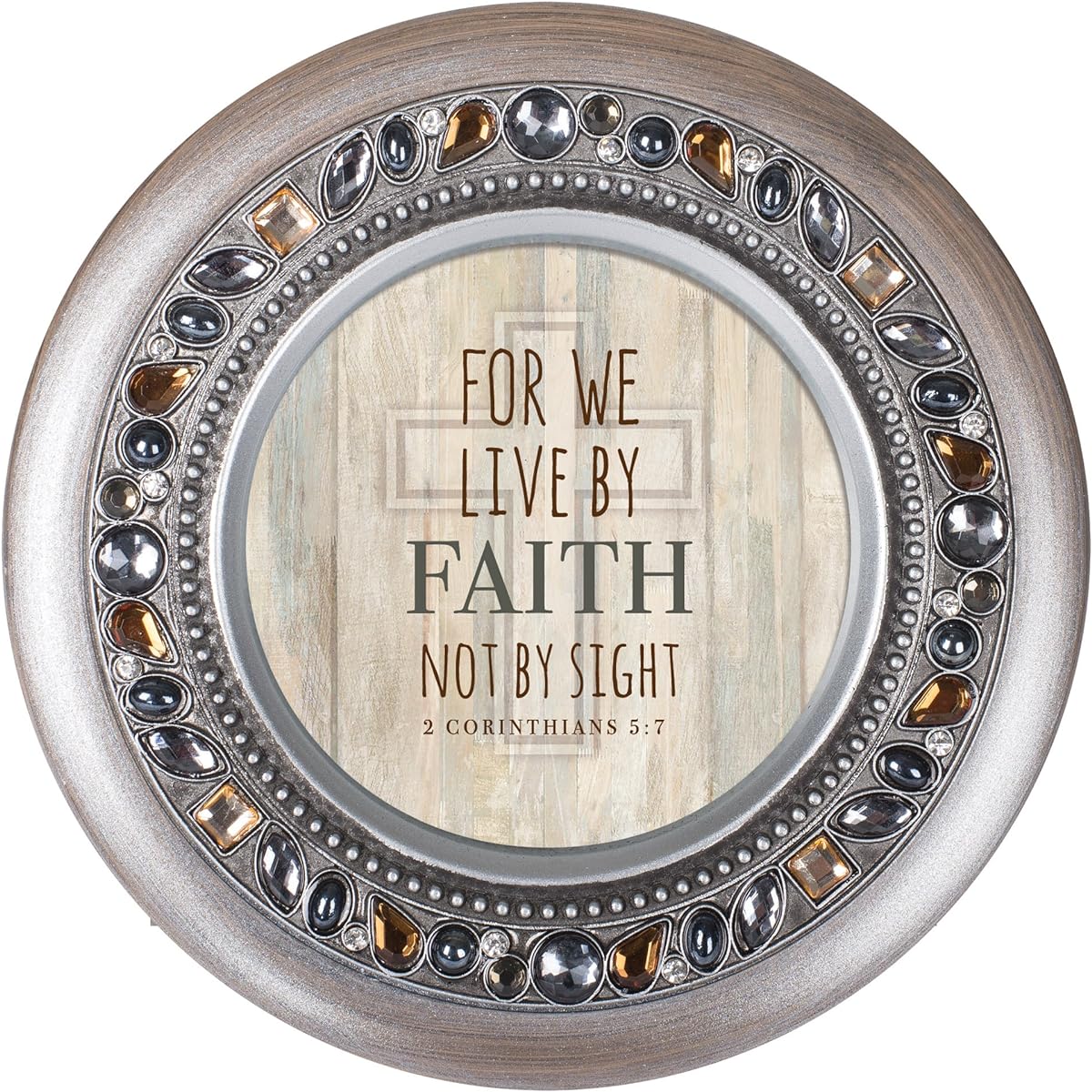 Live by faith not by sight Brushed Silver Round Jeweled Music Box Plays Tune Amazing Grace