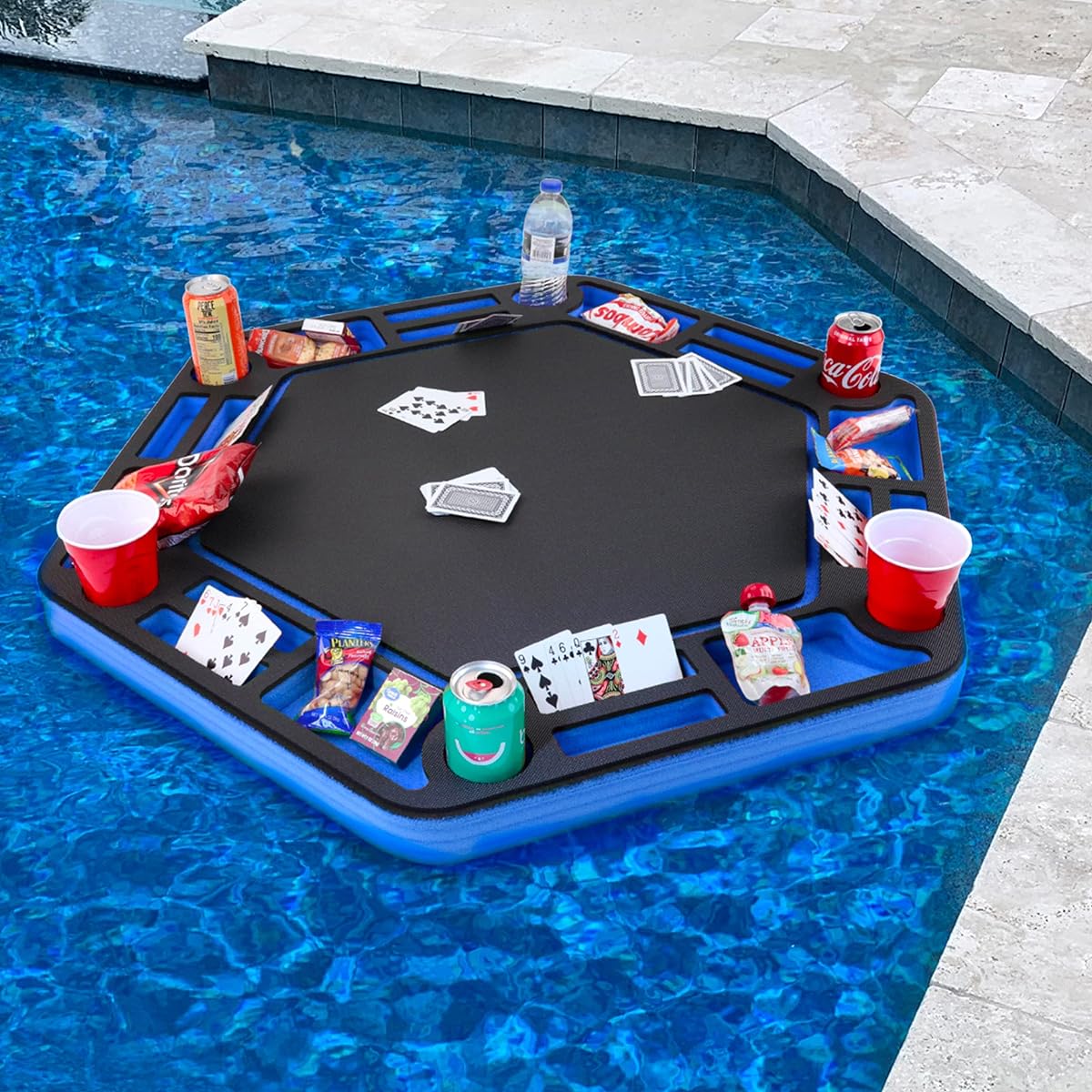 Poker Table, Poker Table, Blue and Black Game Tray for Pool and Beach Parties, Float Lounges, Durable Foam, 40.5 Inch, Chip Slot, Drink Holder, Waterproof Playing Card Deck, UV Resistant