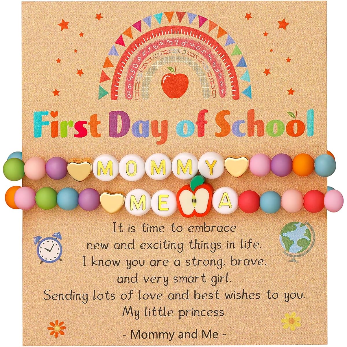 Bellino First Day of School Initial Bracelet Back to School Bracelet Mommy and Me Color Bead Bracelet Jewelry Gift for Girls