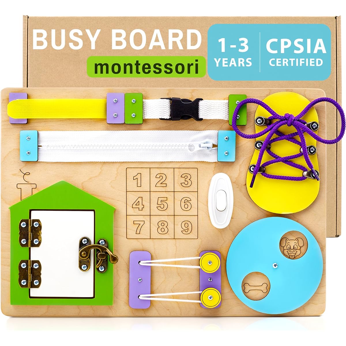 Montessori Busy Board - Fidget Board for Toddlers Ages 1-3 - Sensory Toy for Babies Enhance Fine Motor Skills - Wooden Design Activity Board for Kids Ages 2-4 Boys & Girls
