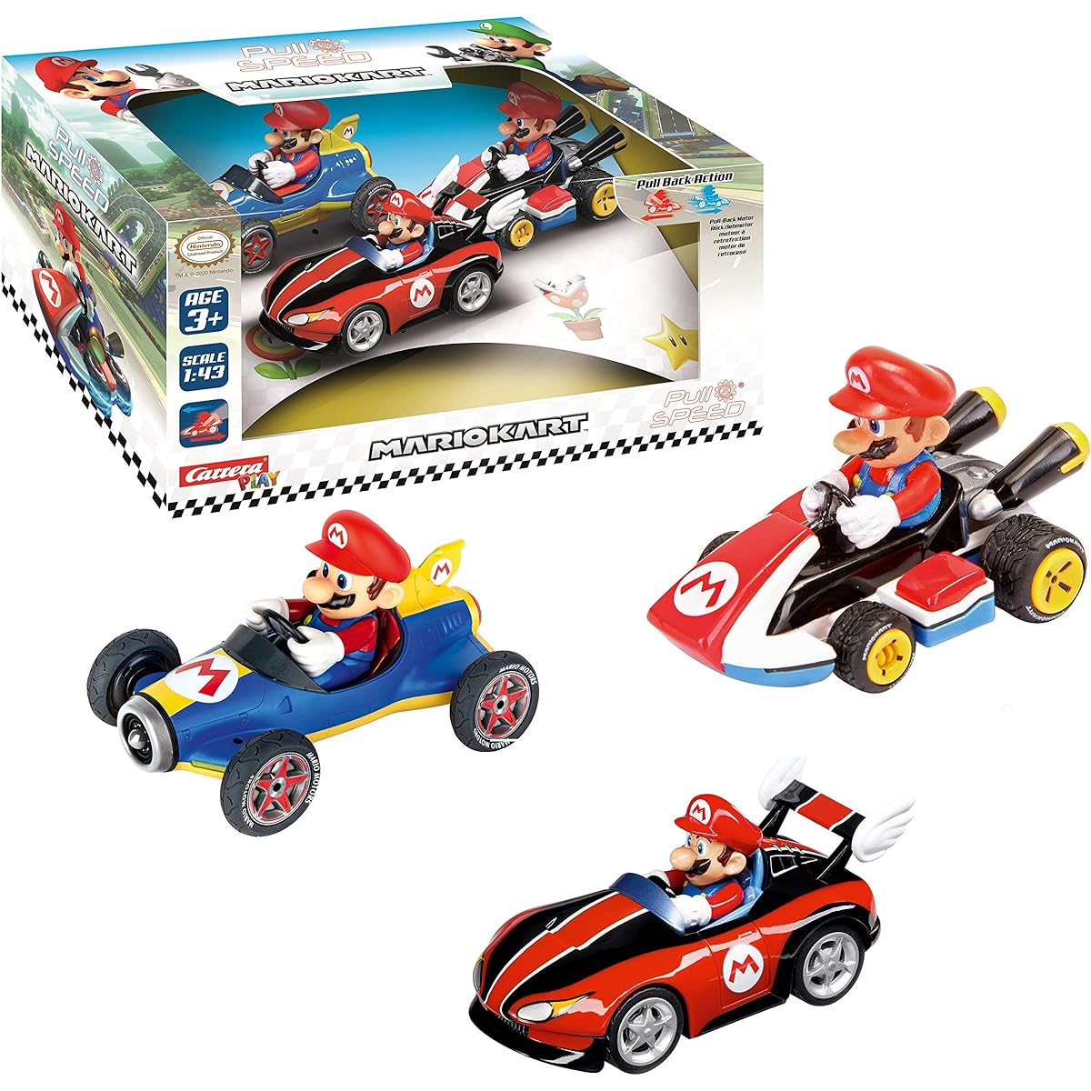 Carrera Pull & Speed 15813016 Officially Licensed Kids Toy Car Pull Back Vehicles Ages 3+ - Mario Kart Mario/Wild Wing Mario/Mach 8 Mario