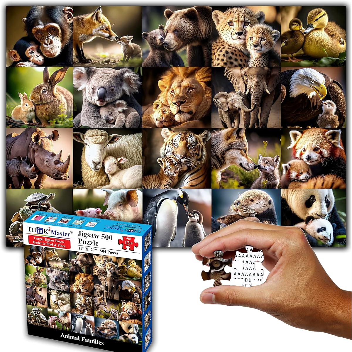 Think2Master Animal Families 500 Piece Jigsaw Puzzle Features Heartwarming Parent-Child Pairs Fun Toy for Kids, School and Family Great Gift for Ages 13 and Up Size: 26.8" x 18.9"