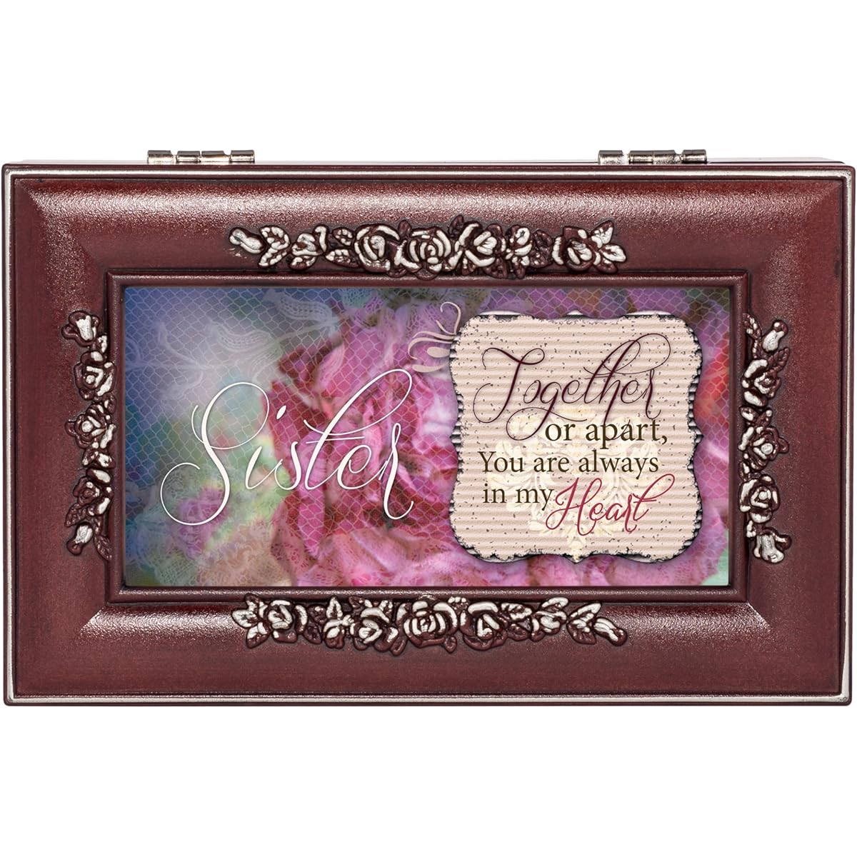 Cottage Garden Sister Always in My Heart Rosewood Silver Trim Rose Music Box - Plays Tune Canon in D