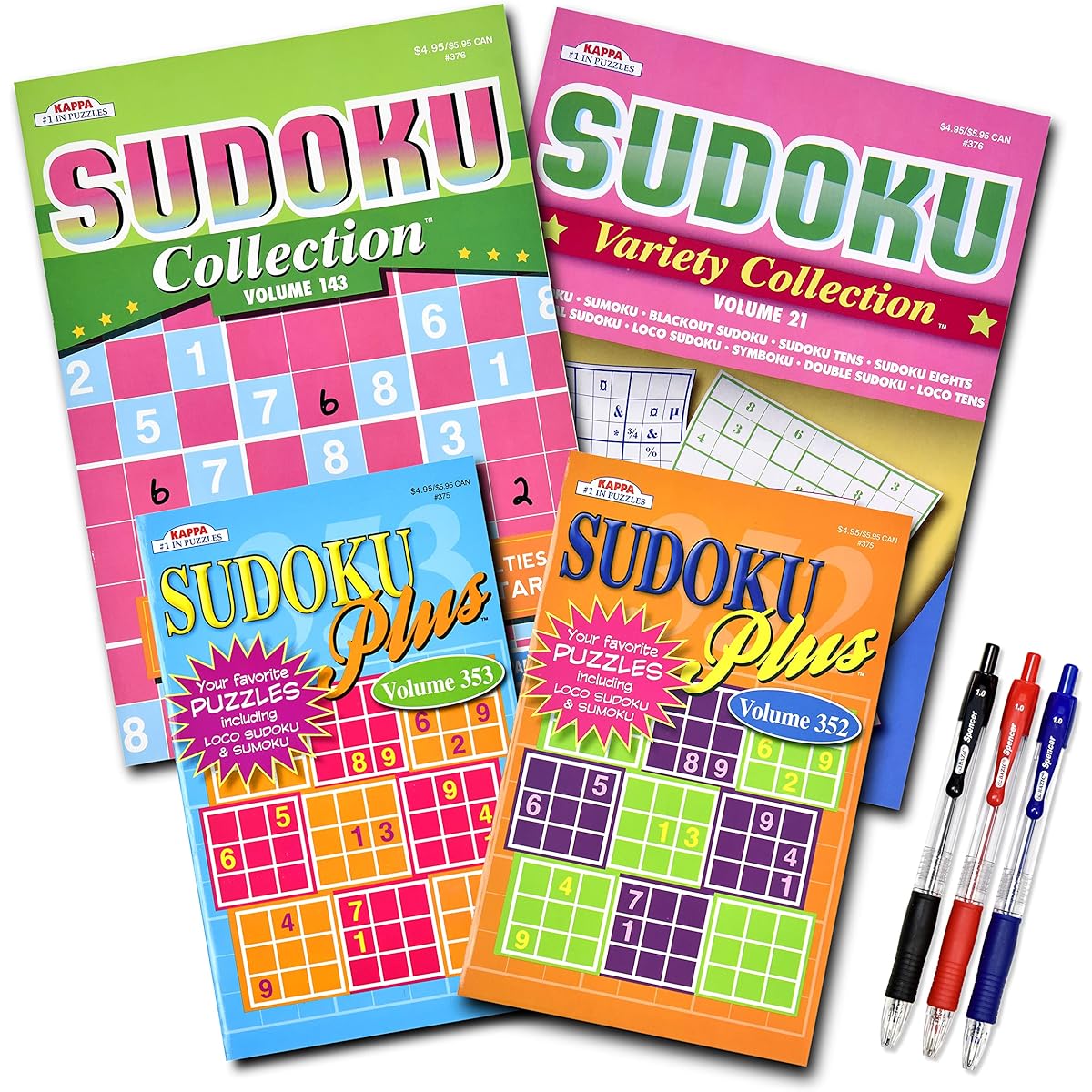 VARIETY SAVINGS 4 Pack 350+ Sudoku Puzzles for Adults with Hints & Tricks, Puzzle Book for Adults & Seniors, Seniors Brain Stimulation Activity Book, Large 8 x 10 Digest 5 x 8 Combo