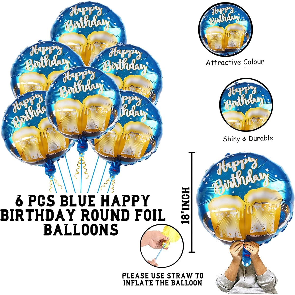GRAND SHOP Happy Birthday Round Foil Balloons Cheer Mug Pack of 6