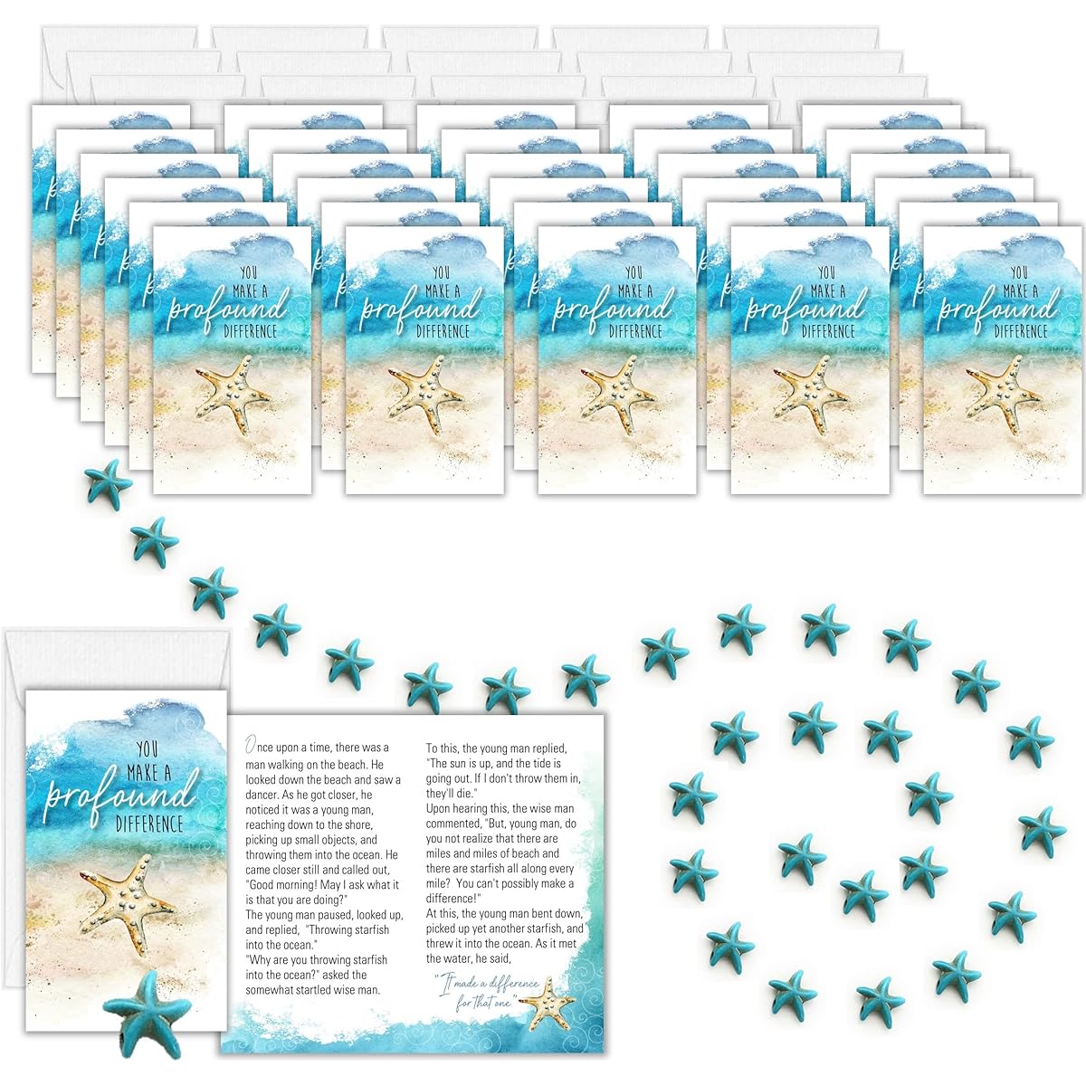 Smiling Wisdom - The Starfish Story Mini Small Keepsake Appreciation Note Cards Envelope Starfish Beads - 30 Miniature Color Folding Note Cards Gifts - Caregivers Students Teachers - Watercolor Blue Tan