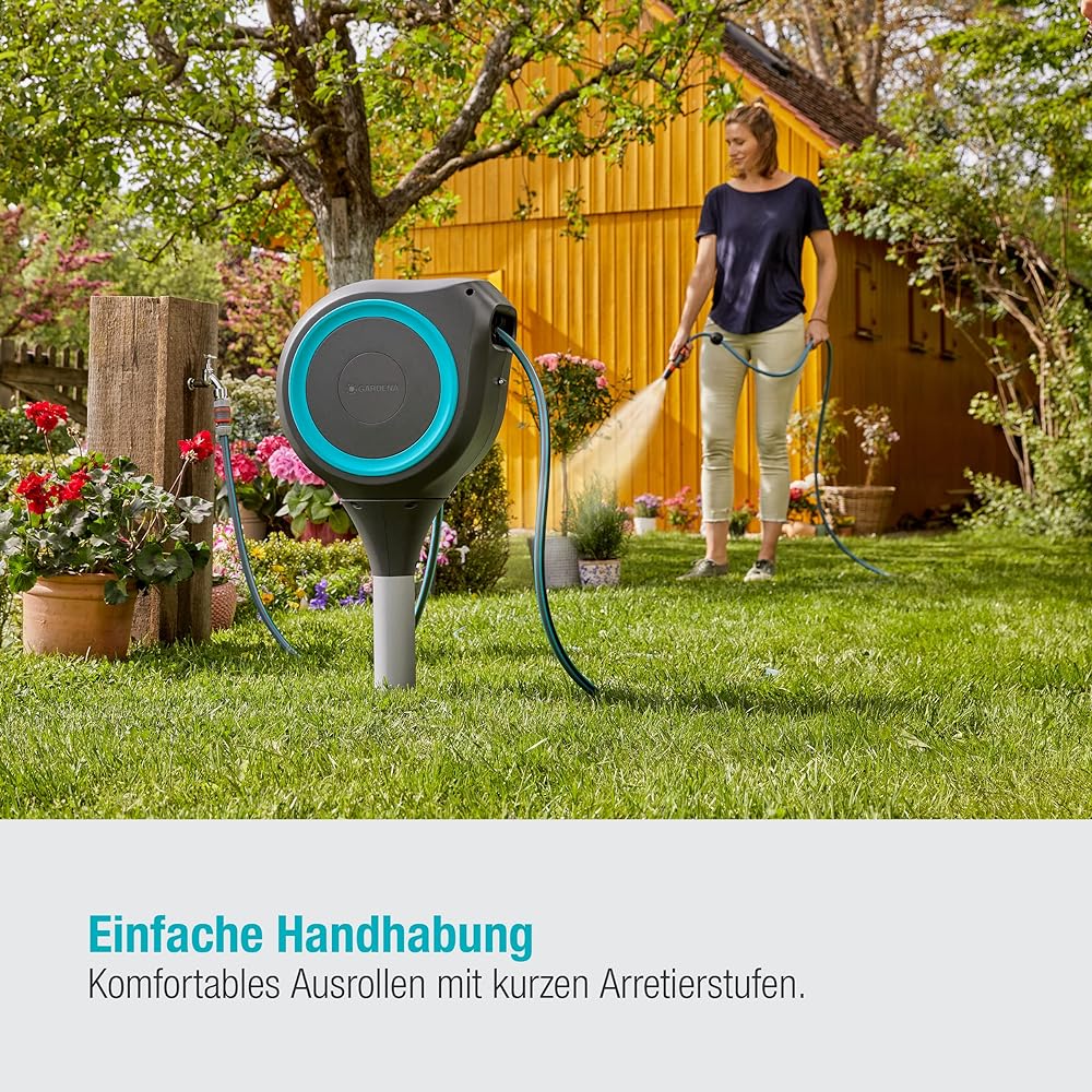 GARDENA Spike Type Automatic Winding Hose Box RollUp S 15m Blue Hose Reel [180 Degree Rotation UV/Frost Resistant] [German Brand] Watering Gardening Watering 18604-20