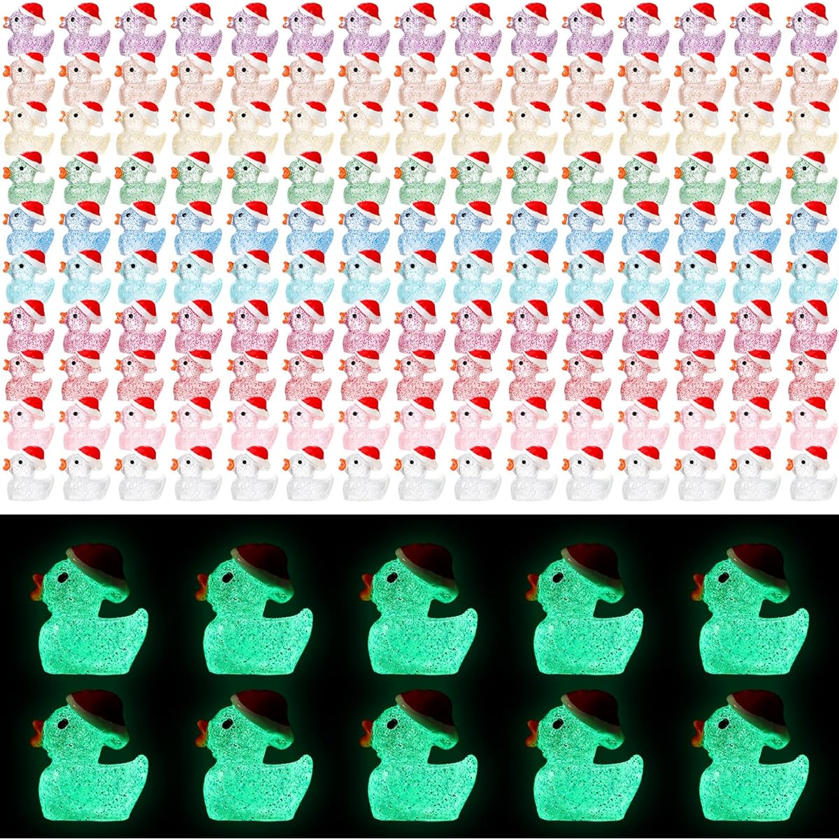 Shappy 200pcs Christmas Little Glow in the Dark Ducks Xmas Luminous Mini Resin Duck Figures DIY Garden Aquarium Ornaments Home Birthday School Party Project Accessories 10 Colors