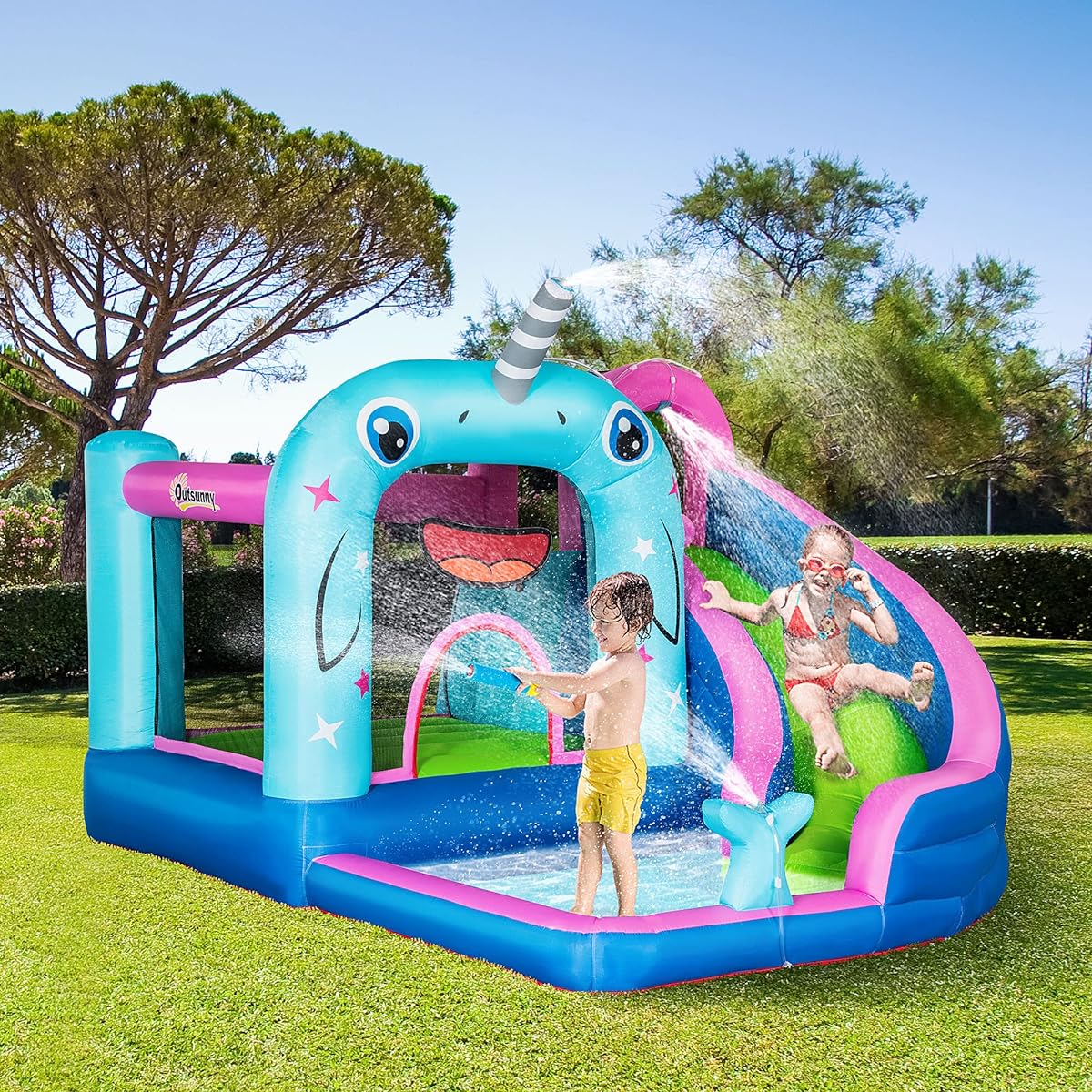 Outsunny 5-in-1 Inflatable Water Slide Narwhal Theme Bounce House Climbing Wall Water Cannon Water Pool Trampoline Repair Patch 450W Air Blower
