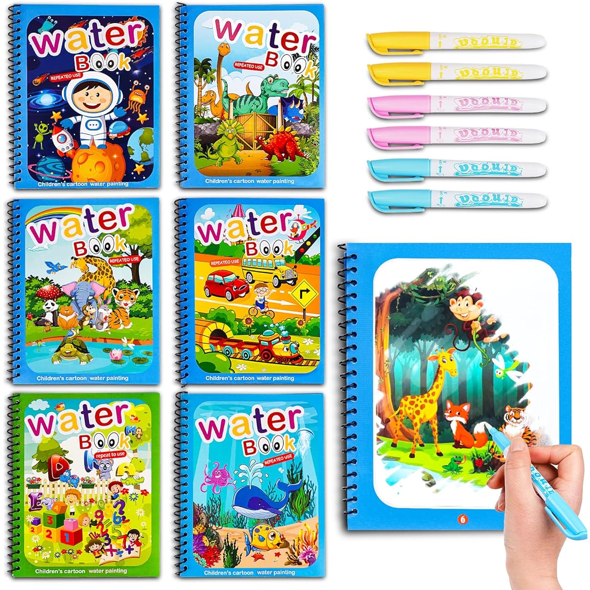 AIR BLOW Watercolor Painting for Toddlers Water Painting Book Water Painting Book 3-5 Paint with Water Book Water Doodle Book Toys for Toddlers Travel Toys (6 Pack)