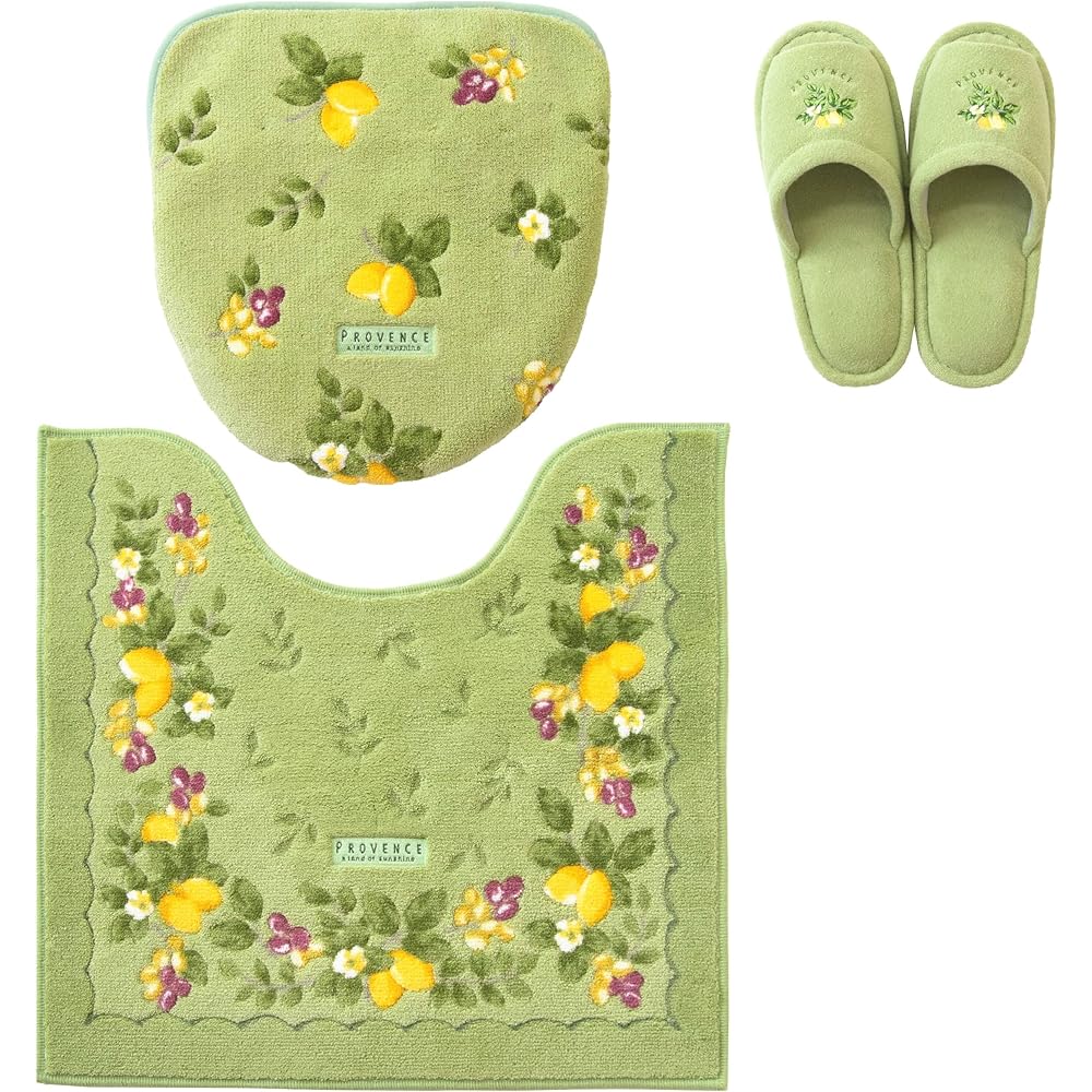 Toilet Mat Set, 3 Pieces, Scandinavian Green Slippers, Stylish, Made in Japan, Regular Size Mat, Common Lid Cover, Provence Ciel, Antibacterial, Deodorant, Leaf, Flower