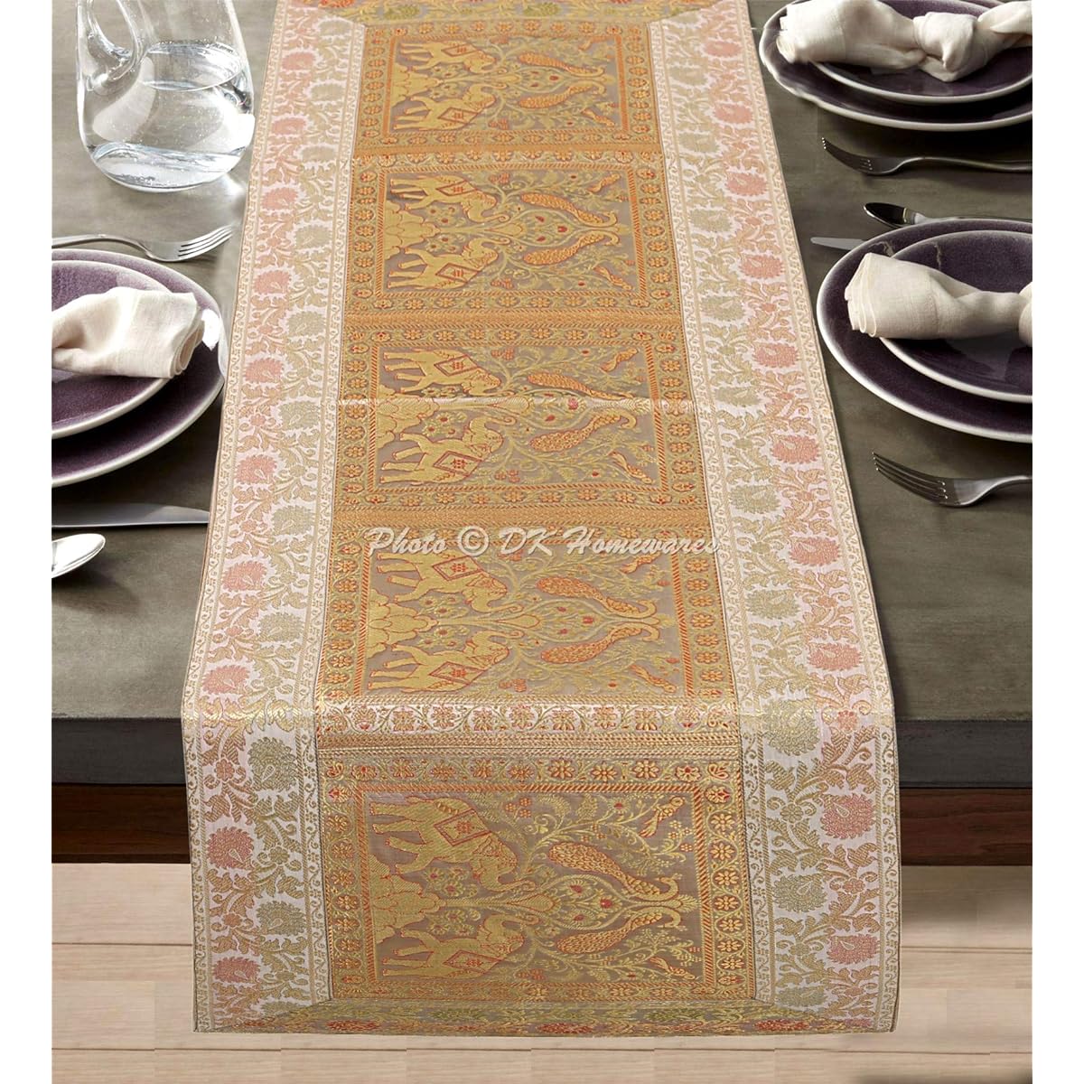 DK Homewares Indian Traditional Christmas Party Kitchen Decor White Gold Table Runner Brocade Satin 60" Length Jacquard Elephant 5ft Centerpiece (150 x 40cm)