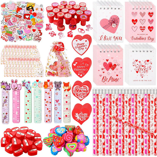 210pcs Valentine's Day Stationery Gift Set with Pencil Erasers, Rulers, Notebooks, Stamps, Tags, Cards, Organza Bags, Sand Stickers for Kids Valentine's Day Party Favors School Classroom Exchange