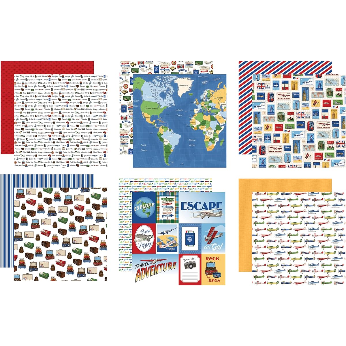 Travel Scrapbook Paper 12 x 12 - World Map Scrapbook Paper with Planes, Stamps, Luggage Designs | Vacation Scrapbook Paper for Photo Albums Planners Home Decor | Travel Theme 6 Item Set