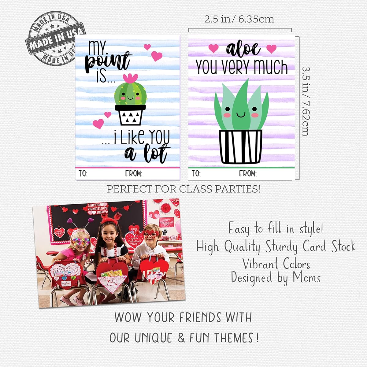 Funny succulent and cactus themed Valentine's Day card set of 24 Valentine's