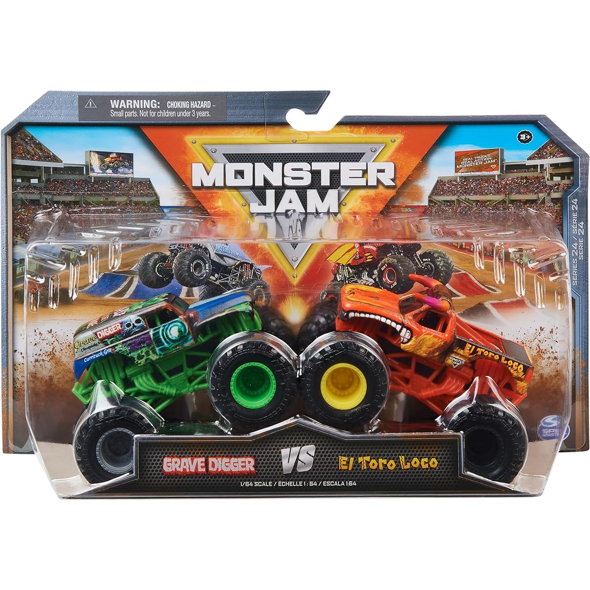 Monster Jam, Official Grave Digger vs. El Toro Loco Diecast Monster Truck, 1:64 Scale, Kids Toys for Boys Ages 3 and Up