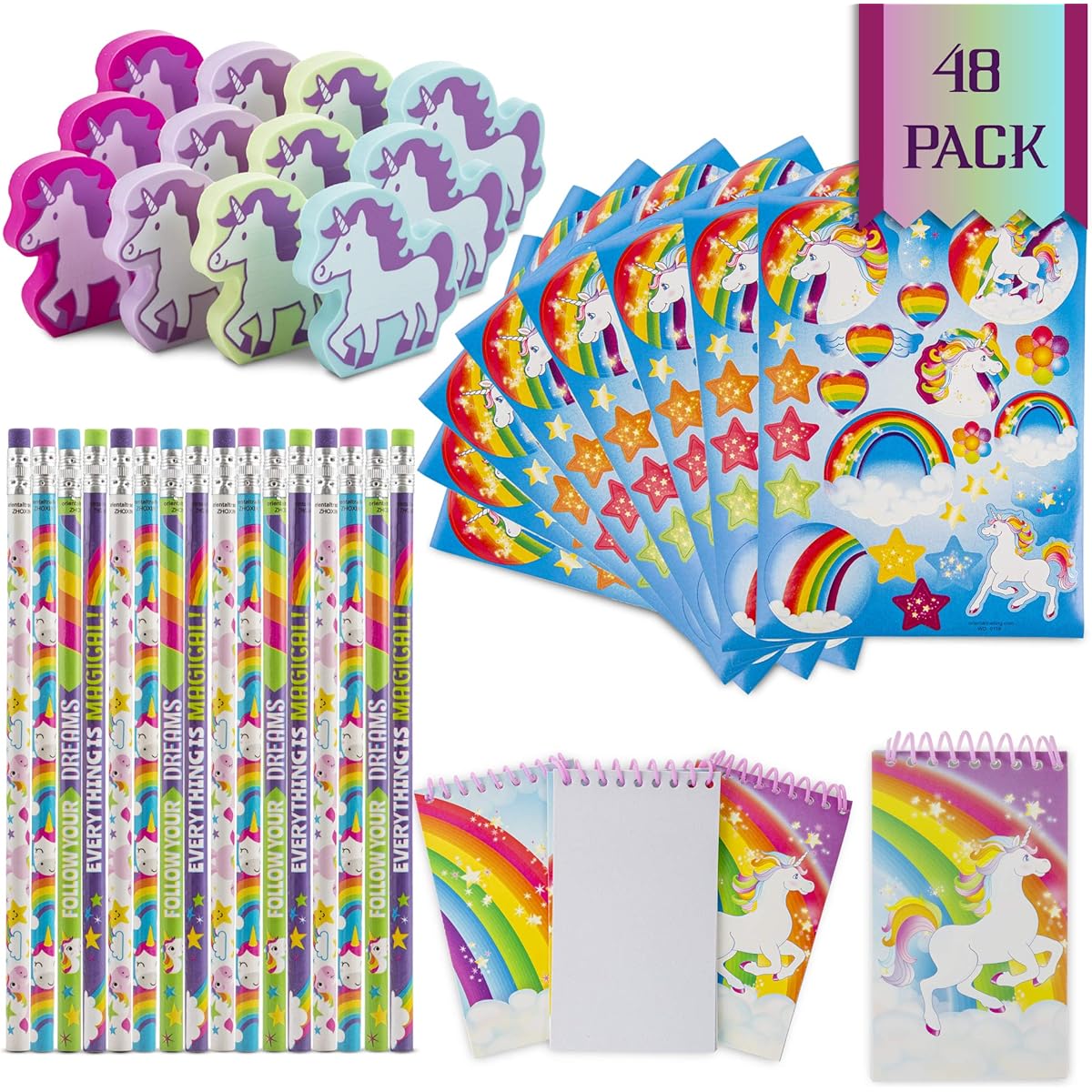 Favinor™ Unicorn Stationery Party Favors 48 Gift Pack 12 Erasers, Theme Booklet, 12 Pencils, 12 Stickers, Kids Birthday Party Supplies Bulk Set Party Favors Treats Great for Carnival Events