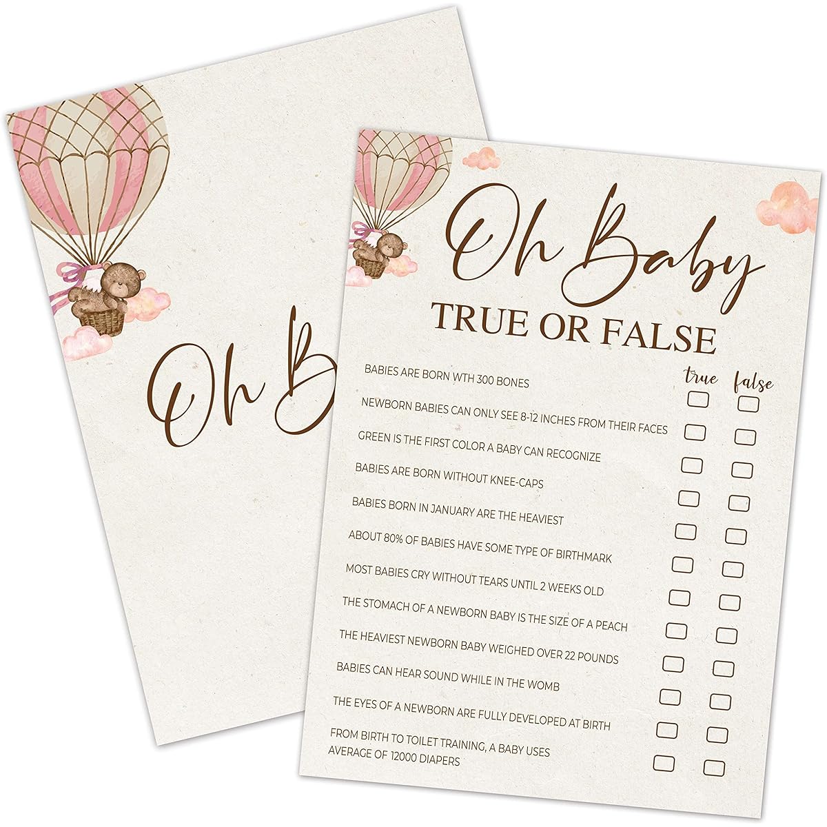 Baby Shower Game Oh Baby True Or False, Teddy Bear Flying in a Hot Air Balloon Theme Cards Baby Gender Reveal Party Game Decorations - 30 Cards, 1 Answer Card (5" x 7") - babygame-A013