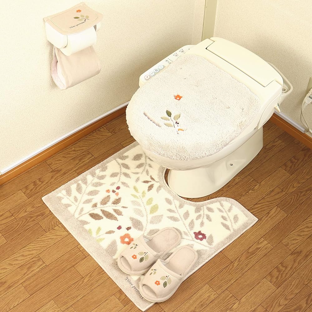 Toilet mat 4-piece set, beige, made in Japan (regular toilet mat + multi-type lid cover + paper holder cover + slippers) OKA Sunreef