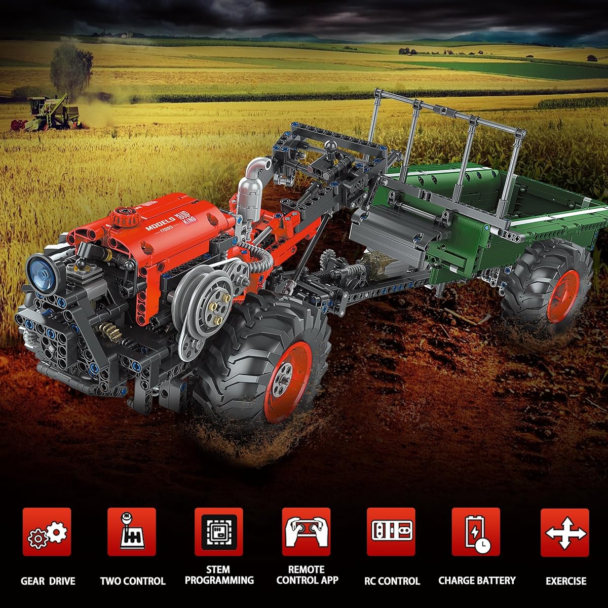 Addshiny 17005 Technic RC Farm Tractor with Trailer Remote Control 4WD Truck 1312+ Pieces STEM Programming Farm Toys for Kids Ages 8+ Collectible Model Building Set (17005)