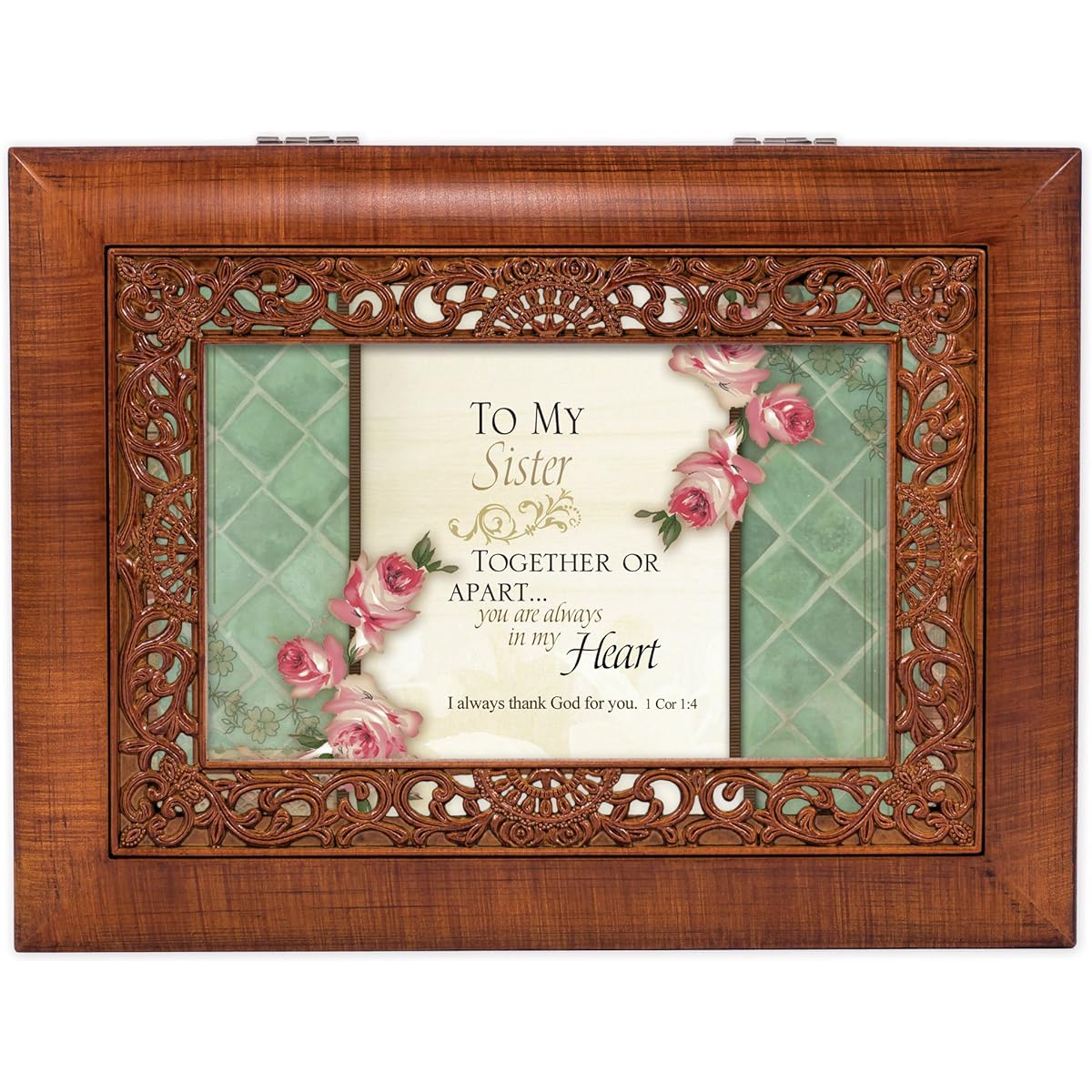 Sister Cottage Garden Inspirational Woodgrain Ornate Music Box Plays Amazing Grace