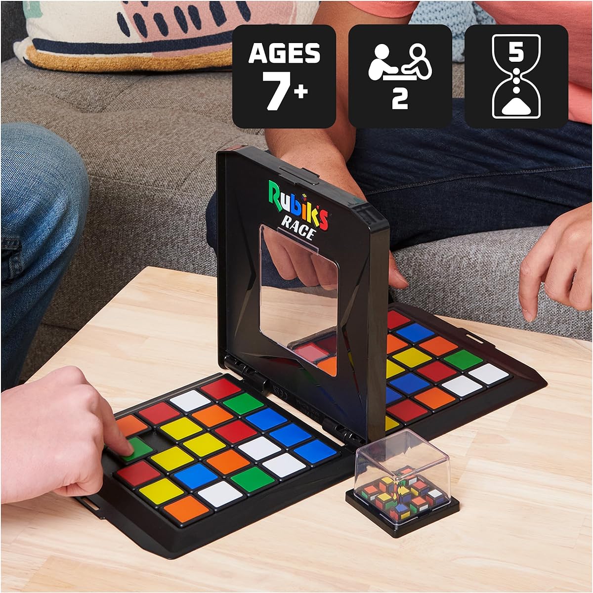 Rubik's Race, classic fast-paced strategy sequence brain teaser travel board game for 2 players speed solving showdown packaging may vary ages 7 and up.