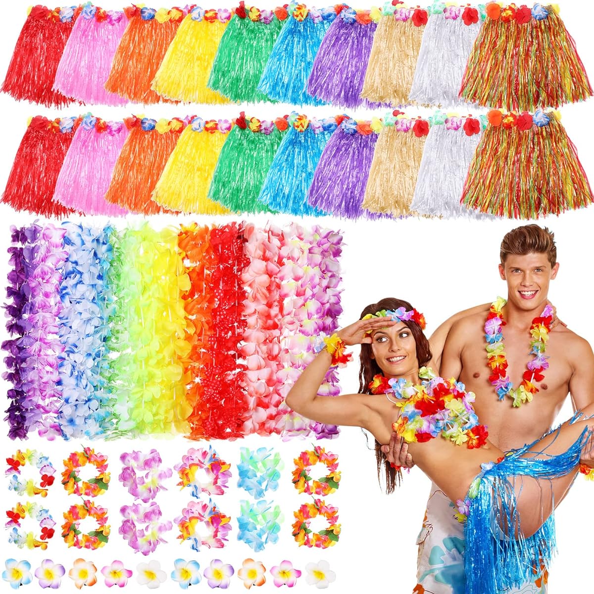 80 Pieces Hawaiian Grass Skirt Flower Costume Set Hawaiian Hula Skirt Hawaiian Leis Tropical Wristbands Hawaiian Flower Hair Clips Luau Party Favors Summer Beach Vacation Decorations