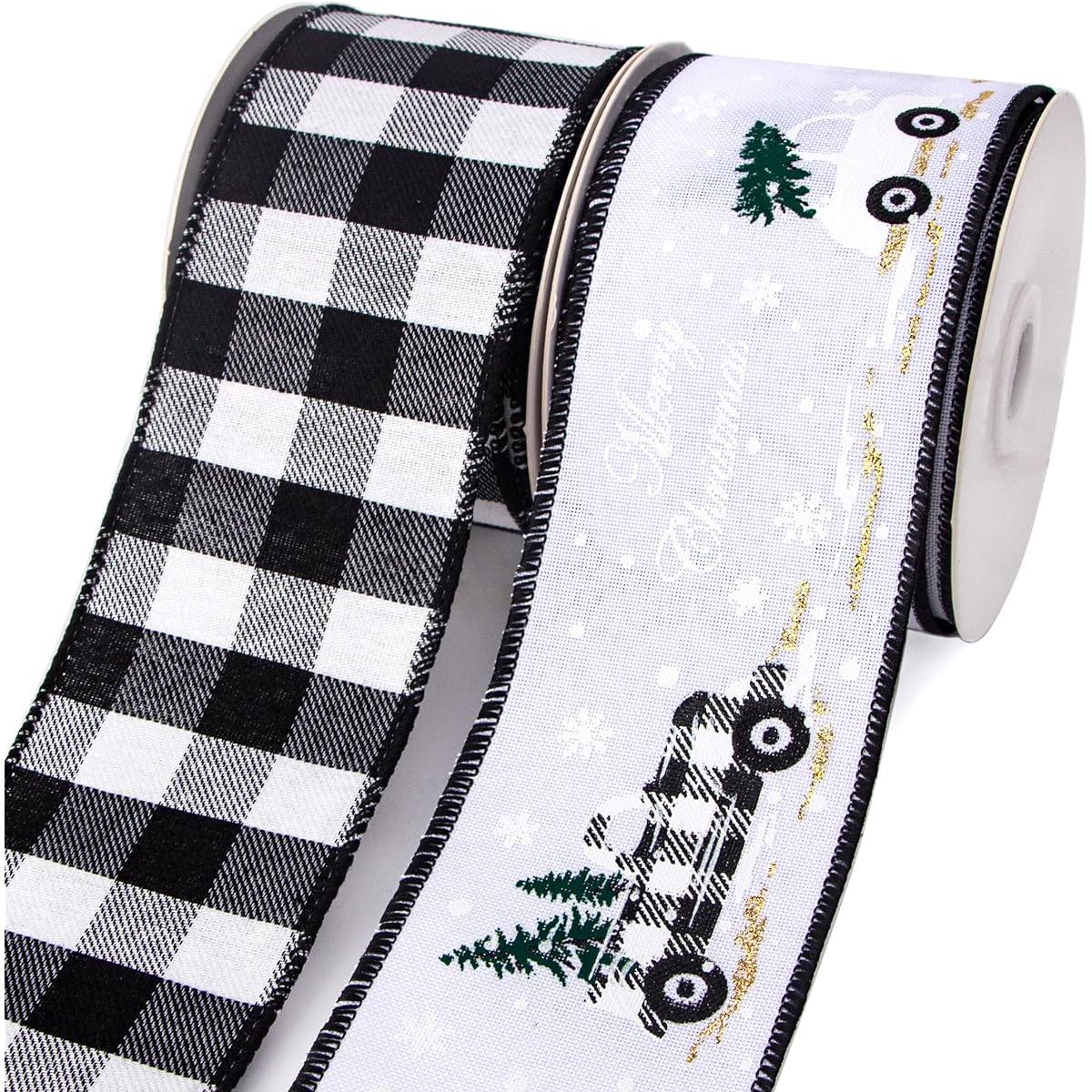Ribli Christmas Burlap Wired Ribbon Christmas Truck & Black and White Buffalo Plaid 2-1/2" Total Christmas Bows Large Bow Christmas Ribbons for Christmas Tree Decorations
