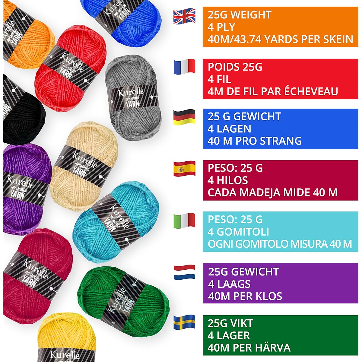 Knitting Acrylic Yarn Set - Assorted Colors - 25g Ball x 20 Pack