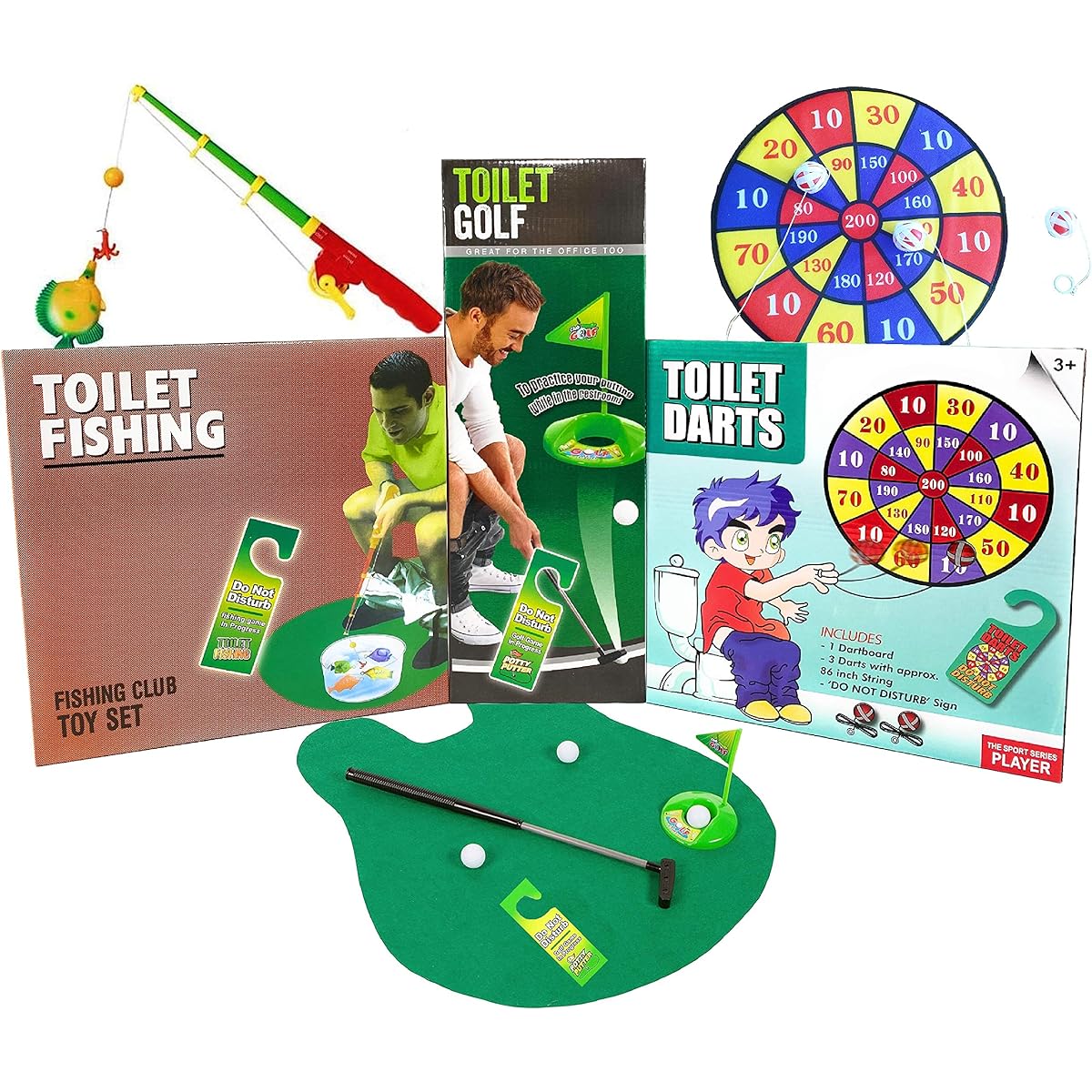 MYRBYtty's Toy Stop Deluxe Toilet Game Trio Golf Fishing Darts Gift Set 3 Pack