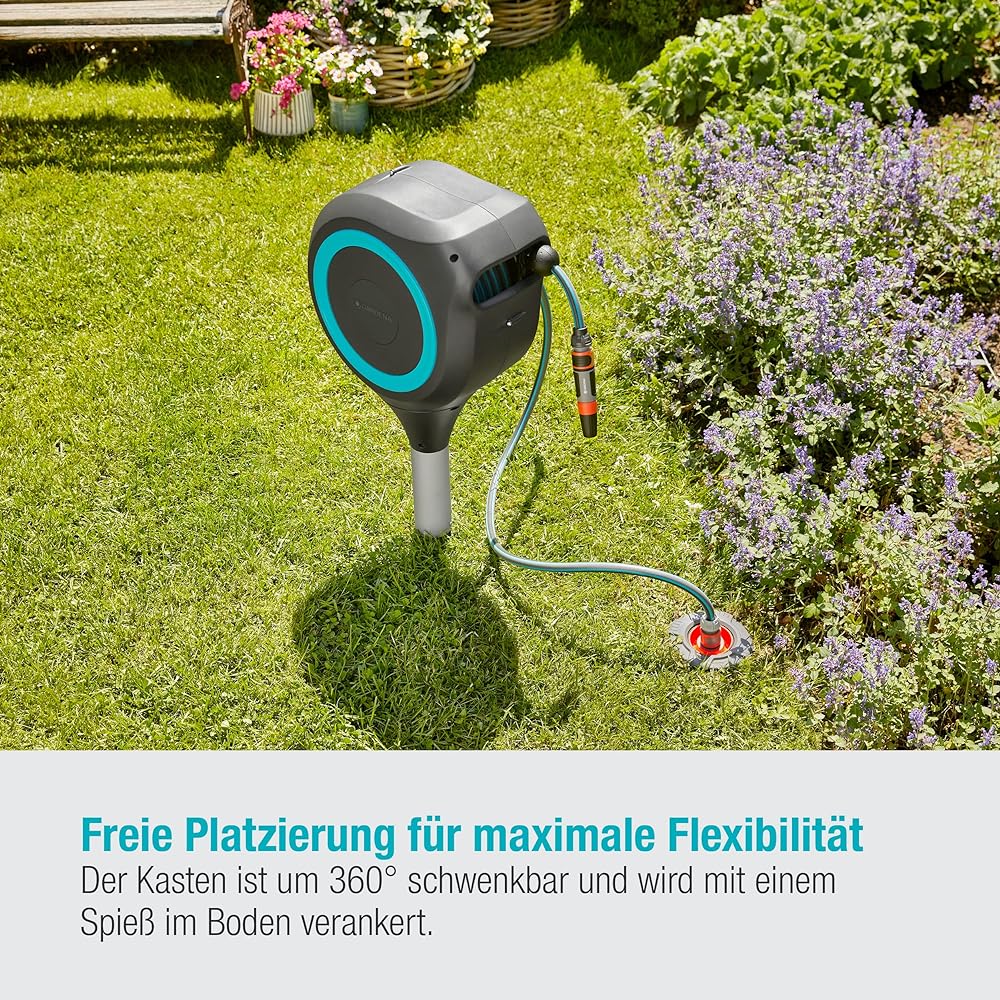 GARDENA Spike Type Automatic Winding Hose Box RollUp S 15m Blue Hose Reel [180 Degree Rotation UV/Frost Resistant] [German Brand] Watering Gardening Watering 18604-20