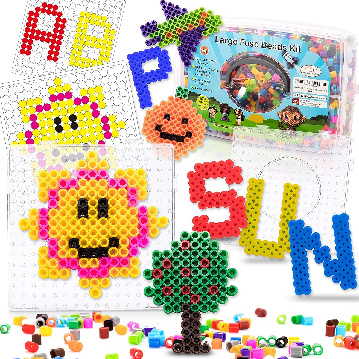 Fuse Beads Kit Large 10mm Melty Beads 1500 Pieces Ages 4-7 48 Patterns Pegboard Arts & Crafts for Girls and Boys