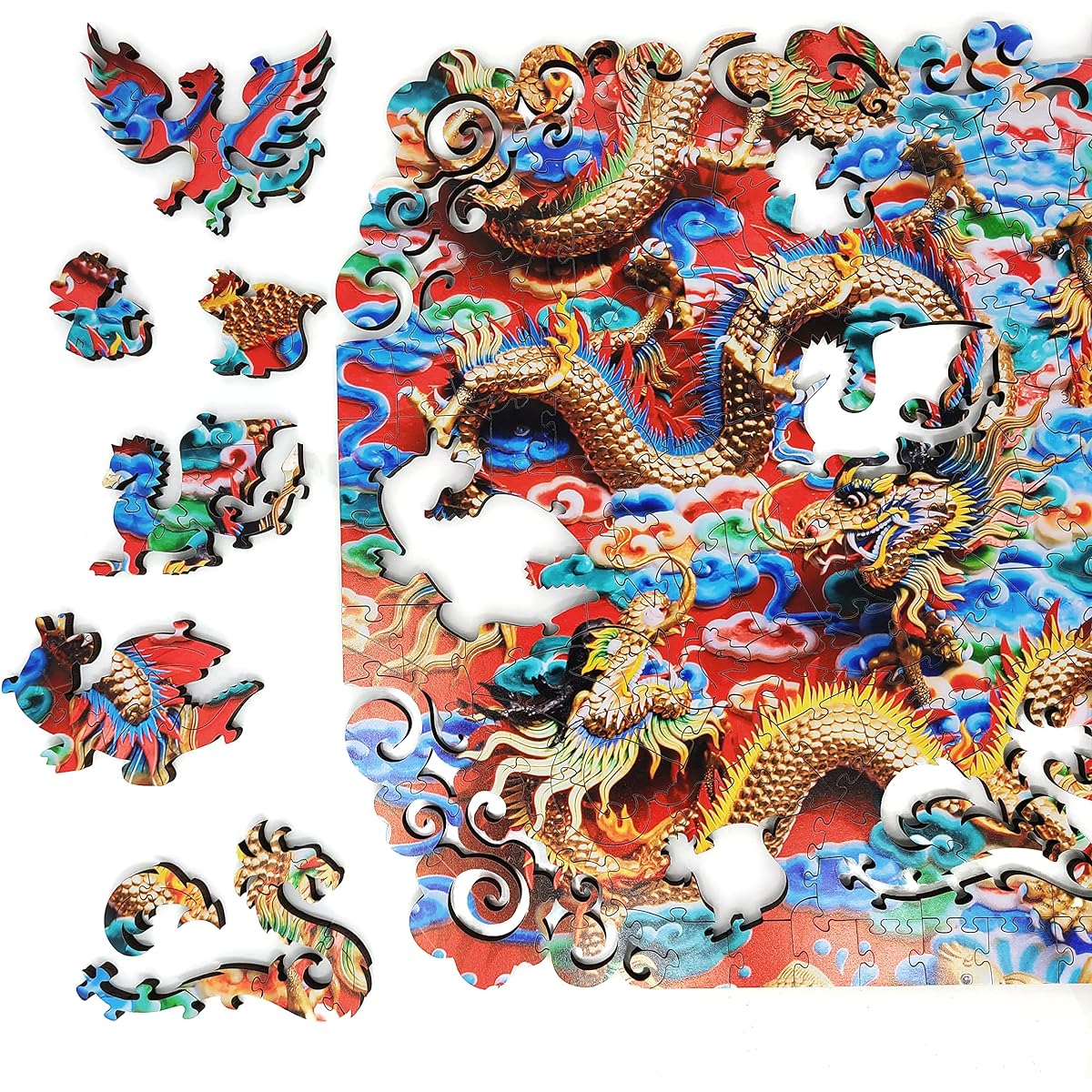 Wooden Jigsaw Puzzle for Adults with Uniquely Shaped Pieces - FoxSmartBox Made in the USA - 290 Pieces - Mystery of the Golden Dragon