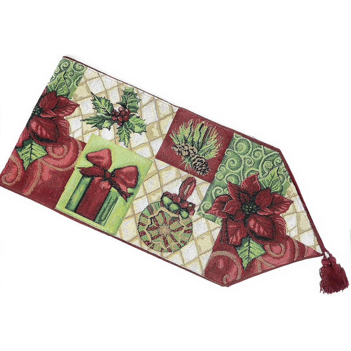 Tache Home Fashion Holiday Tidings Christmas Festive Decor Tapestry Table Runner 13x72 Inch Ivory Beige Red Burgundy Green