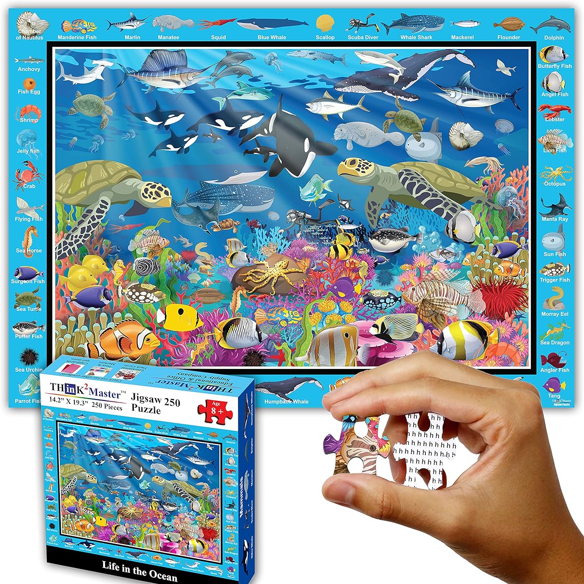 Think2Master Ocean Life 250 Pieces Jigsaw Puzzle Fun Educational Toy for Kids, School & Families. Great Gift for Boys & Girls Ages 8+ to Stimulate Learning. Size: 14.2” X 19.3”