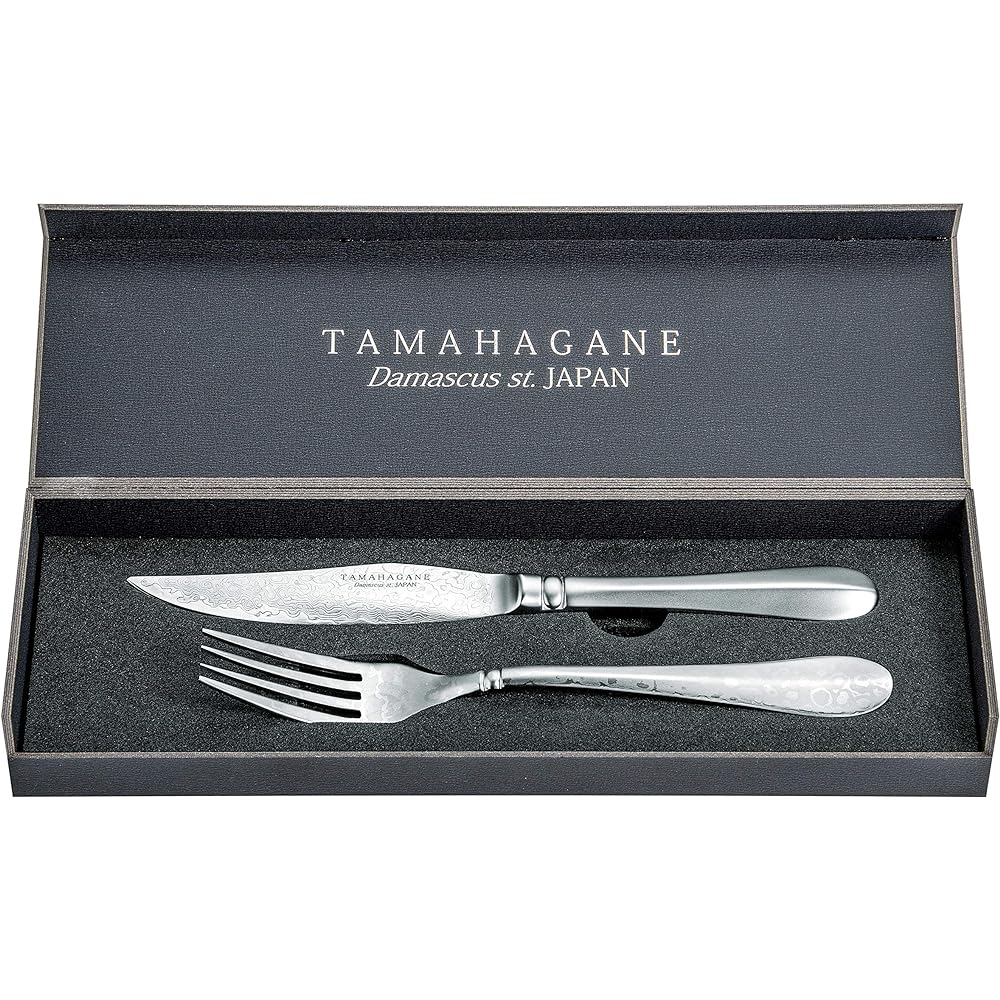 Kataoka Manufacturing TAMAHAGANE Damascus Steel Steak Knife & Fork Set SUS304