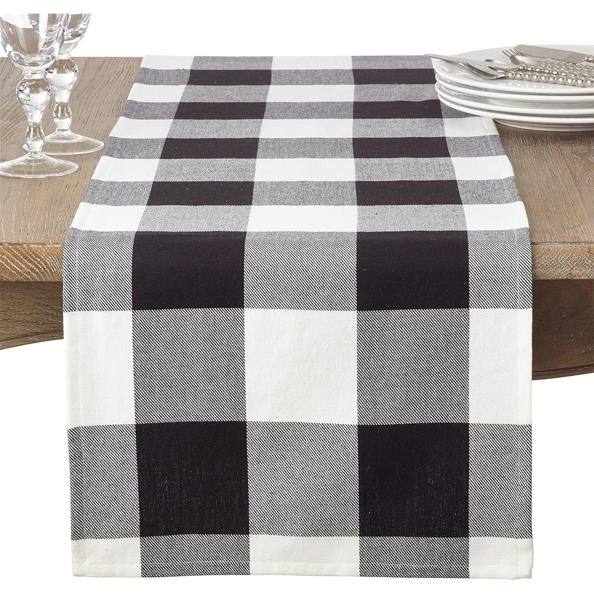 SARO LIFESTYLE 9025.BK16108B Birmingham Collection Buffalo Plaid Cotton Table Runner 16" x 108" Black