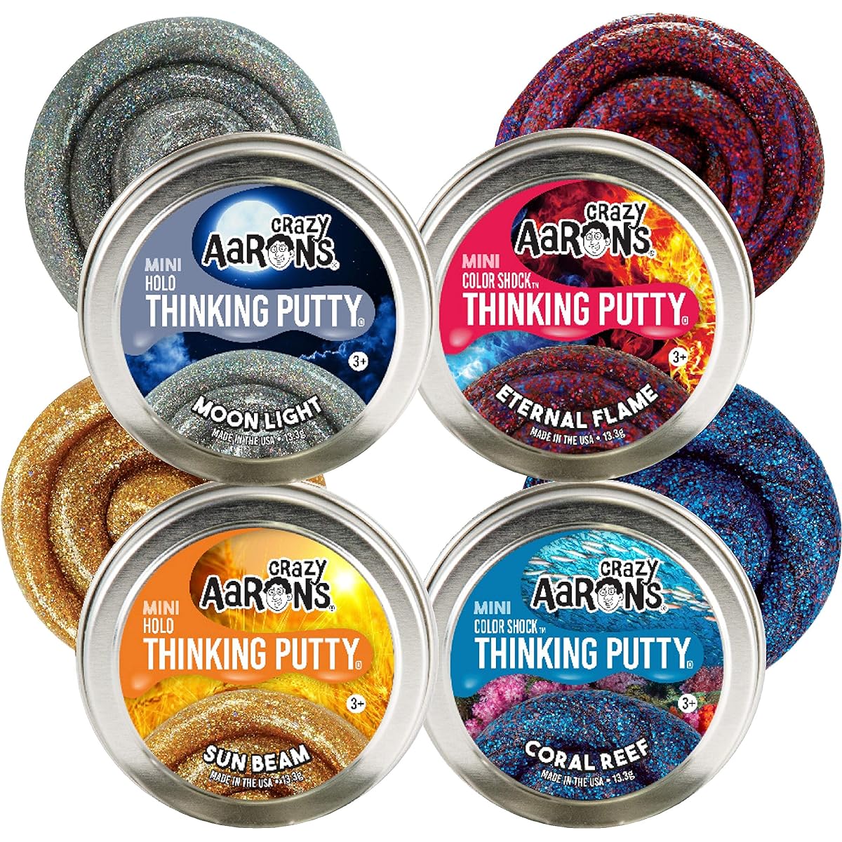 Crazy Aaron's Putty Color Shock & Holo Mini Tins (0.45 oz Each) Sunbeam, Coral Reef, Eternal Flame & Moonlight Gift Set Bundle - 4 Pack
