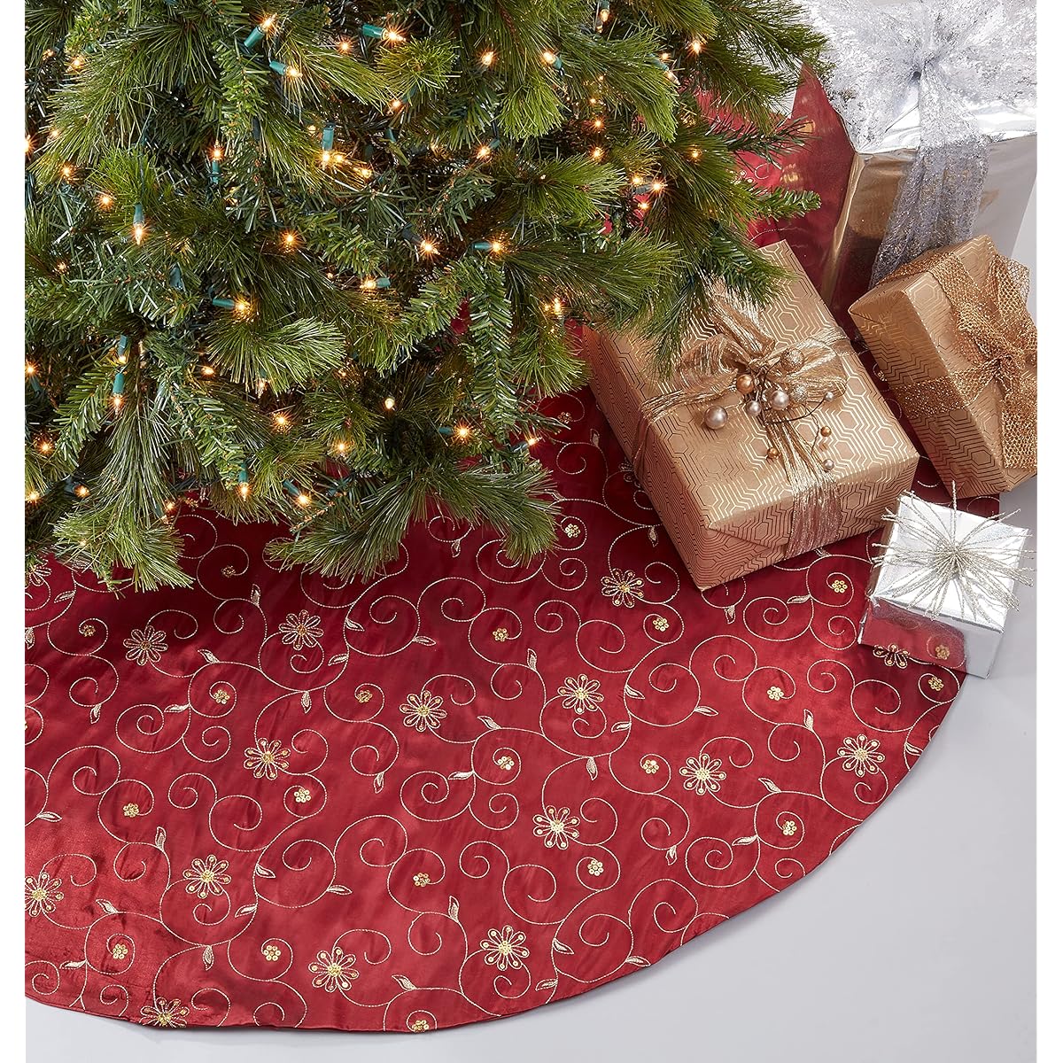 SARO LIFESTYLE XJ712.BU54R Embroidered and Sequined Tree Skirt, Burgundy, 54 inches