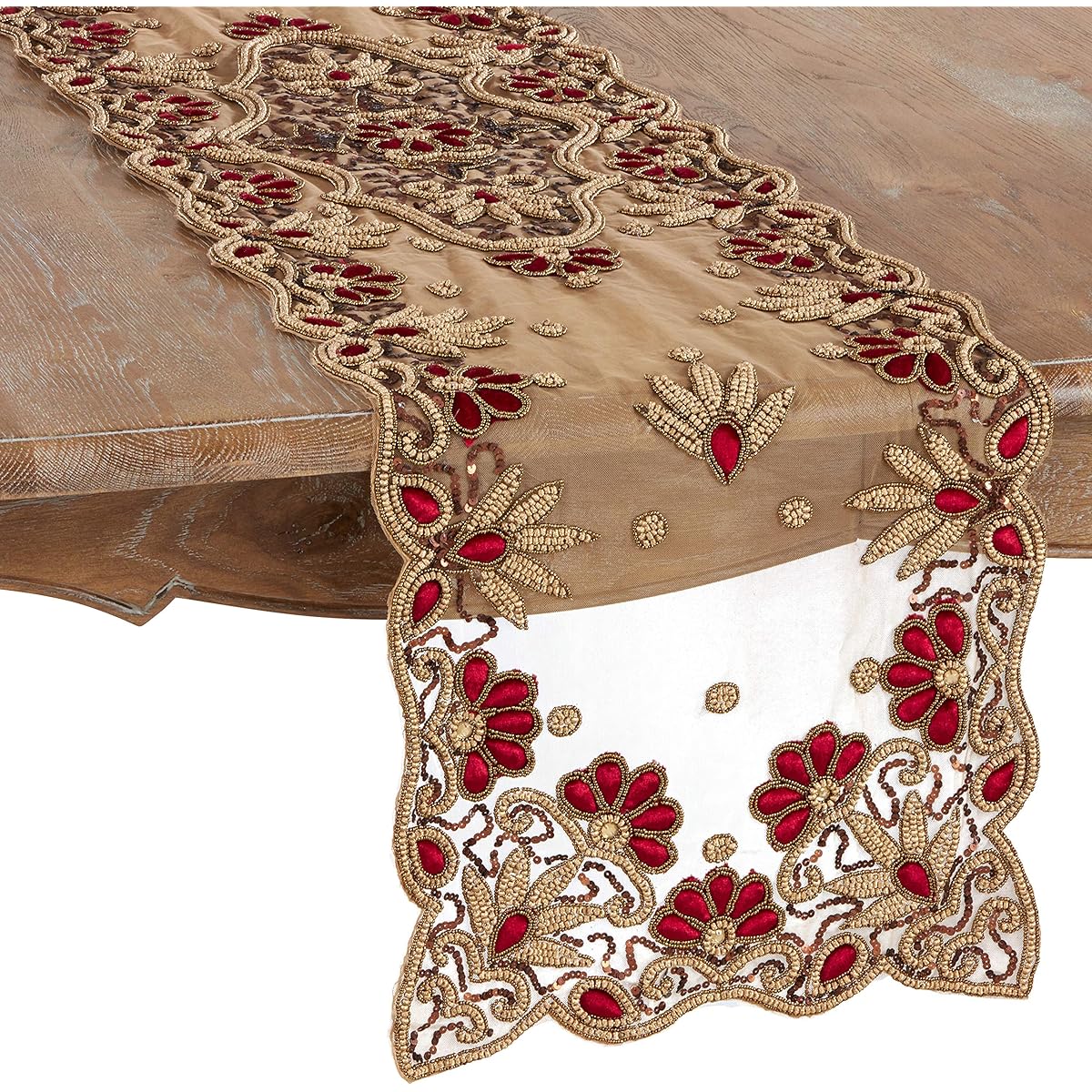 SARO LIFESTYLE Hand Beaded Design Table Runner 16" x 72" Red 5283.BU1672B