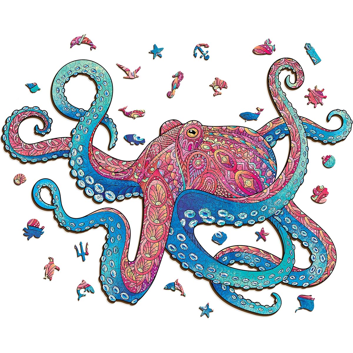 GEMTURT PUZZLE Octopus Wooden Jigsaw Puzzle 15 x 11 Inches 373 Pieces Unique Shape
